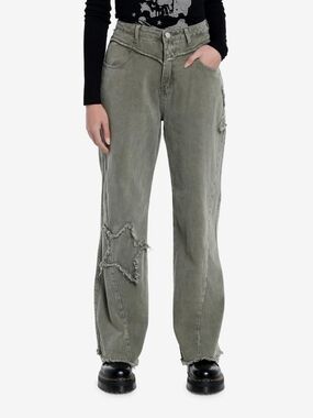 Hot Topic Olive Green Boyfriend Jeans with Frayed Star Patches